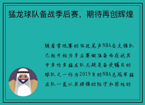 猛龙球队备战季后赛，期待再创辉煌